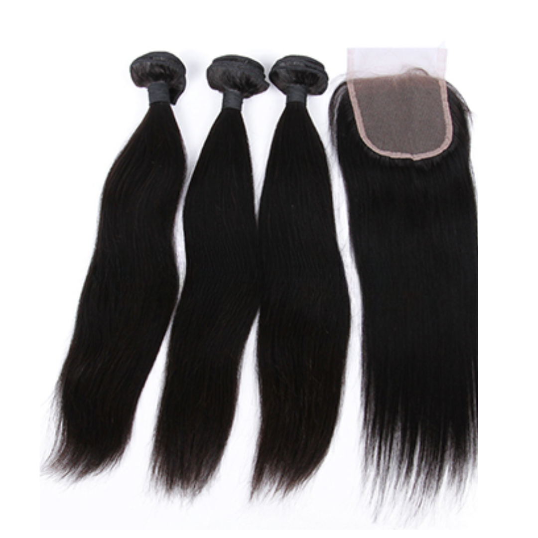 Indian Virgin Human Hair Straight A Lace Closure With 3 Bundles Deal