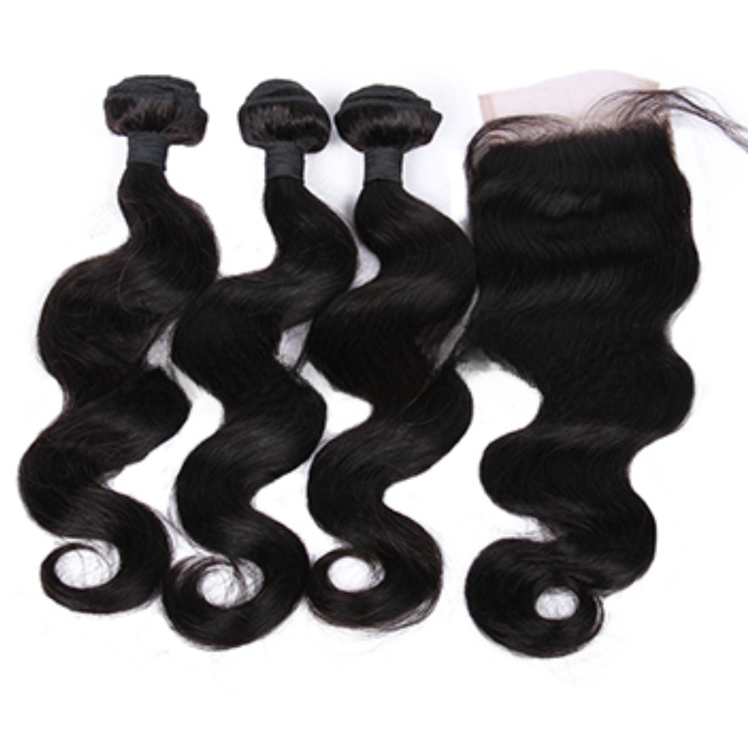 Indian Virgin Human Hair Body Wave A Lace Closure With 3 Bundles Deal