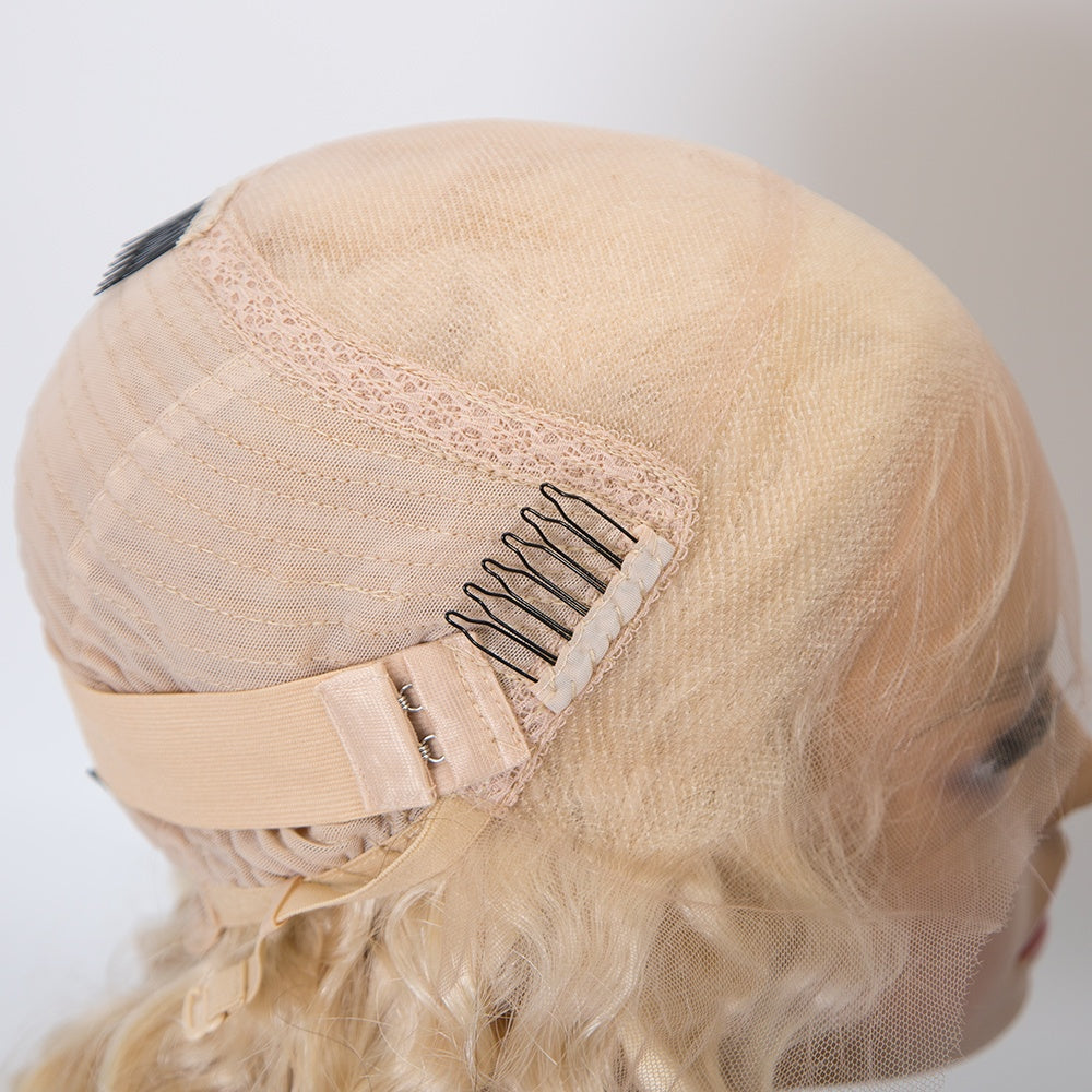 DOLLY European hair short length blonde color curly hair lace front wig in stock