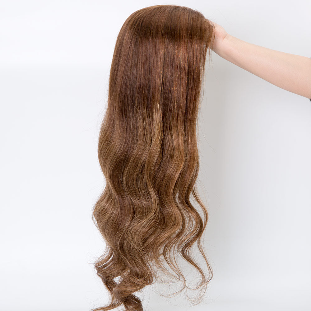JULIETTE Full Hand Tied Lace Base Silk Top with Thin Skin Perimeter Brown Balayage 100% Virgin European Remy Medical Wig