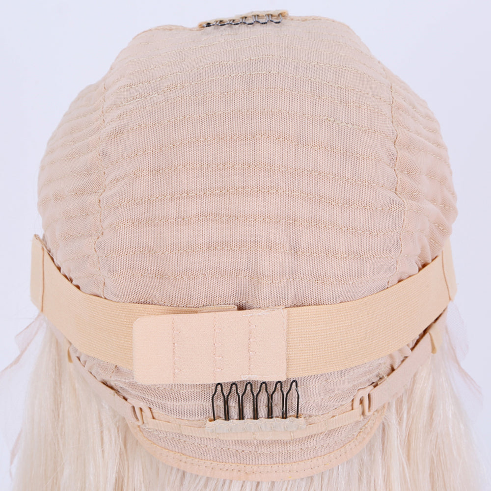 Trina White Blonde with Soft Dark Roots Curly 100% European Virgin Remy Grade 12A Hair Lace Frontal Wig f