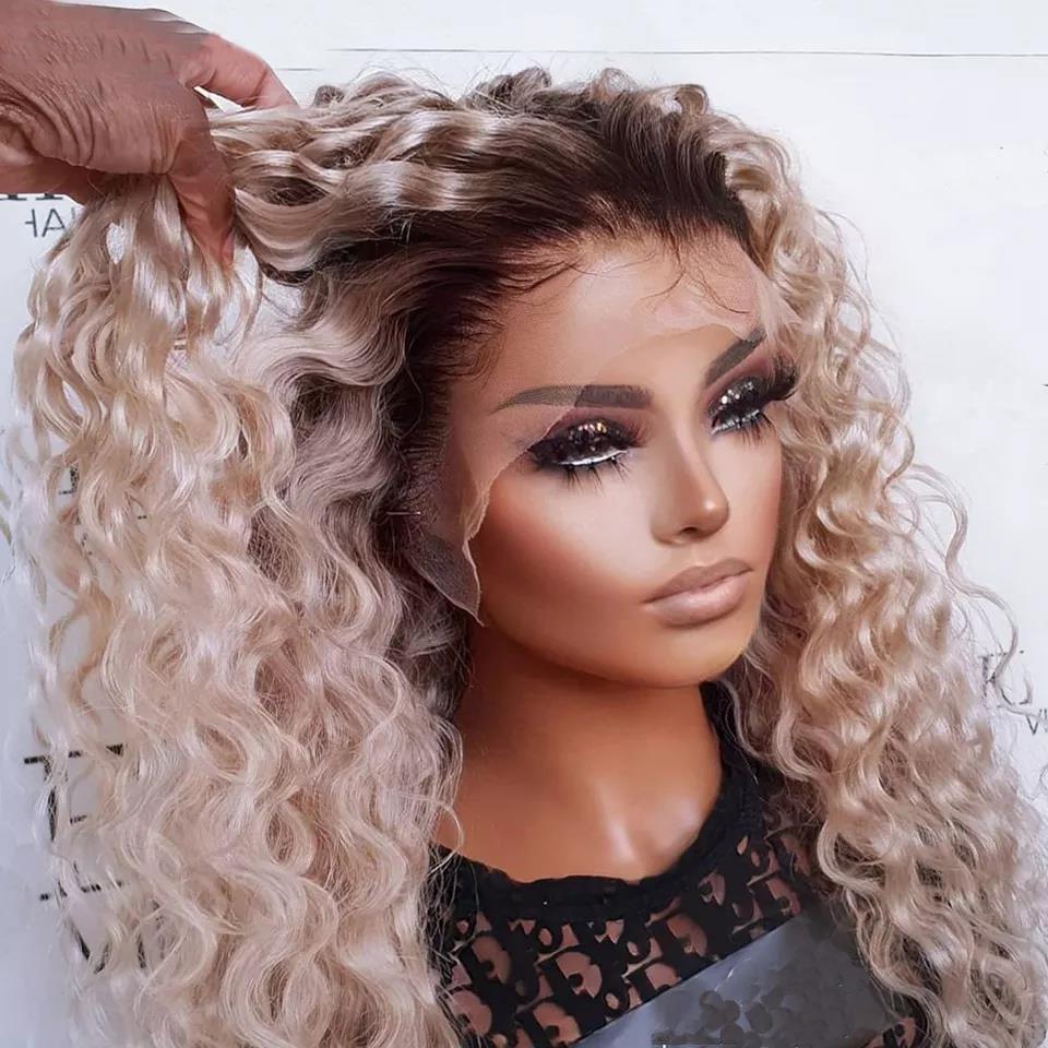 Trina White Blonde with Soft Dark Roots Curly 100% European Virgin Remy Grade 12A Hair Lace Frontal Wig f