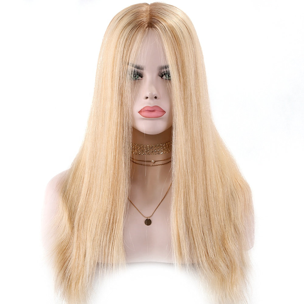 super double drawn european human hair 60 density balayage blonde brown color Invisible knots glueless silk base full lace wig