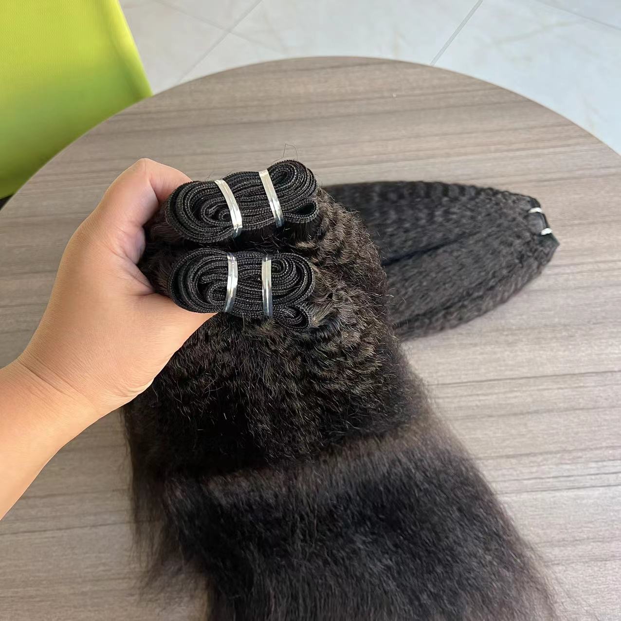 Natural black color weft kinky straight human remy hair bundles