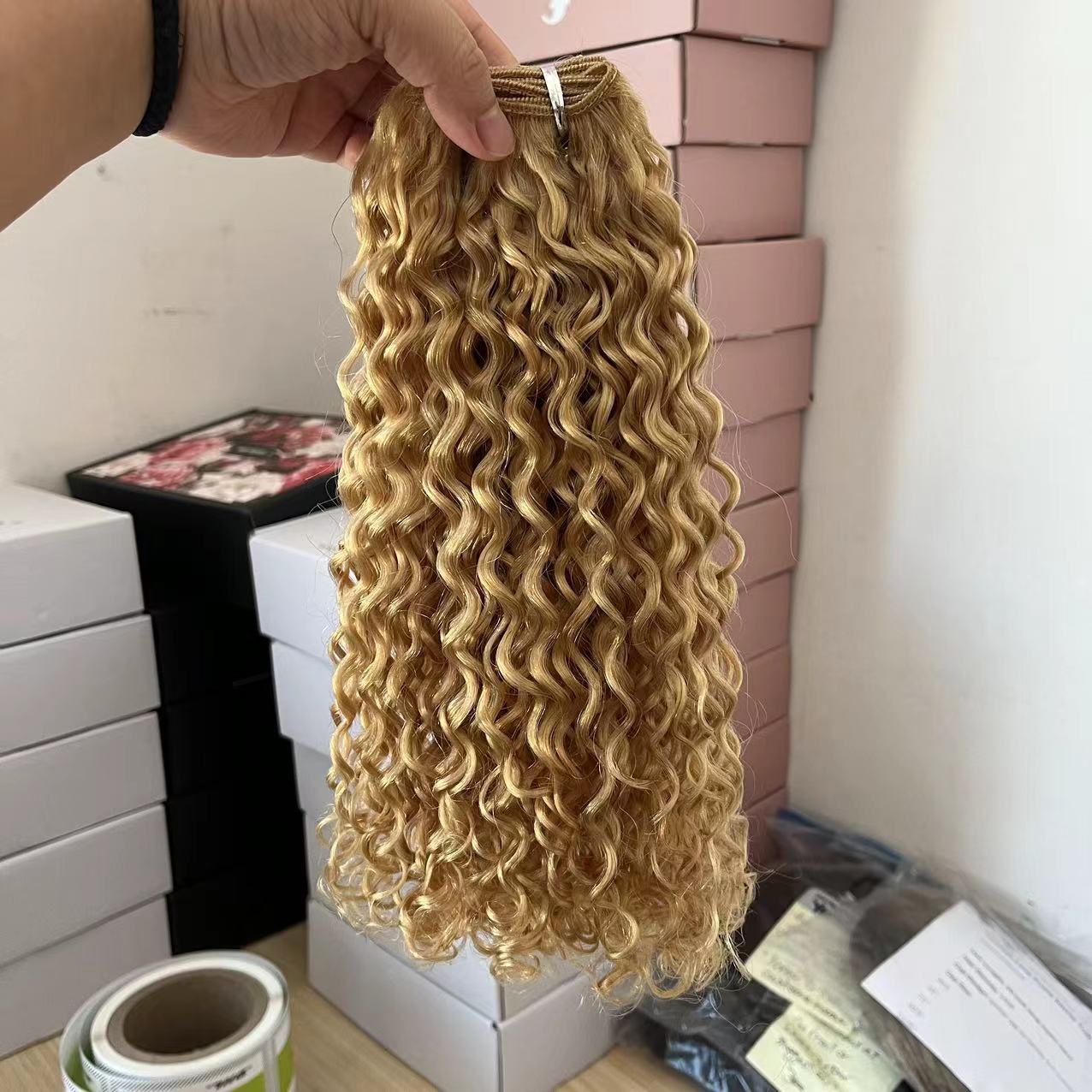 Curly texture human remy hair machine weft bundles