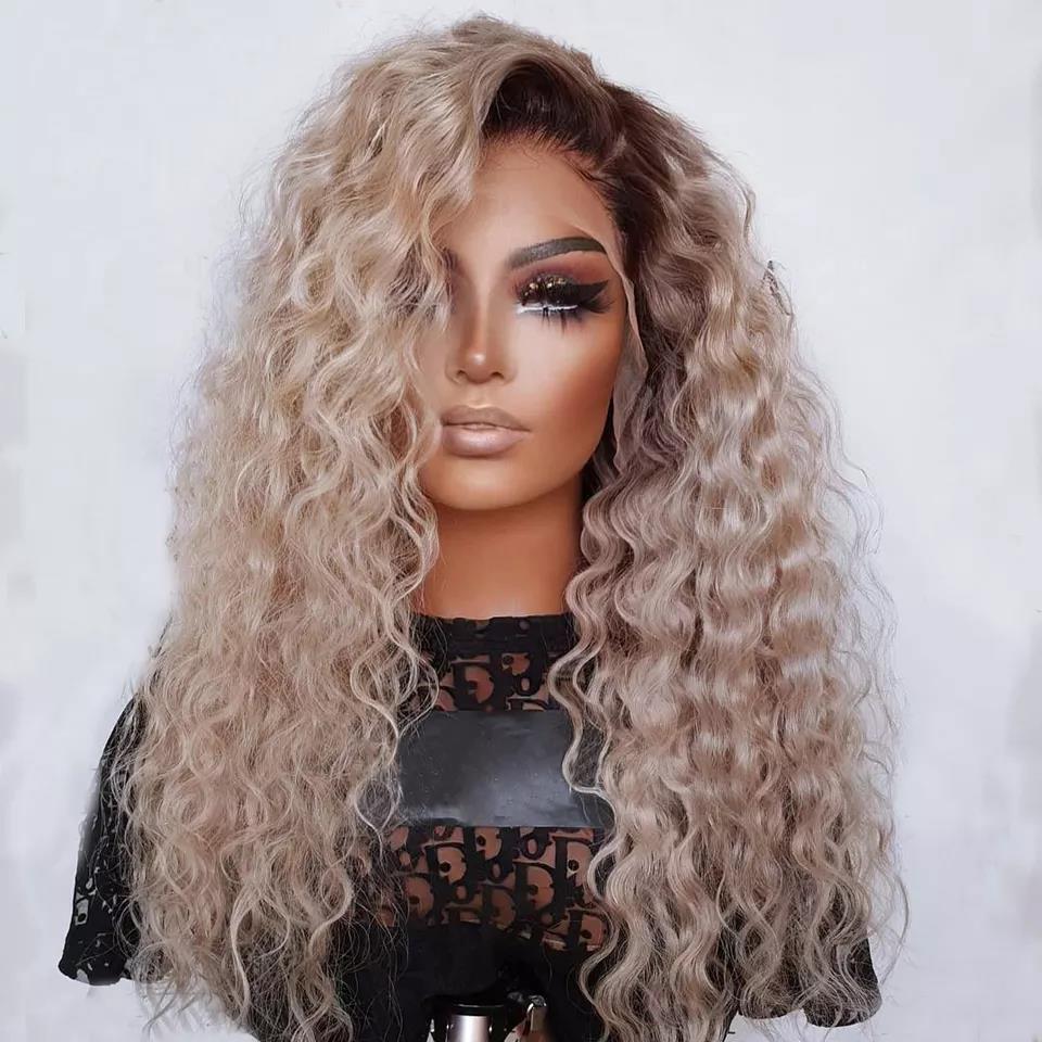 Trina White Blonde with Soft Dark Roots Curly 100% European Virgin Remy Grade 12A Hair Lace Frontal Wig f