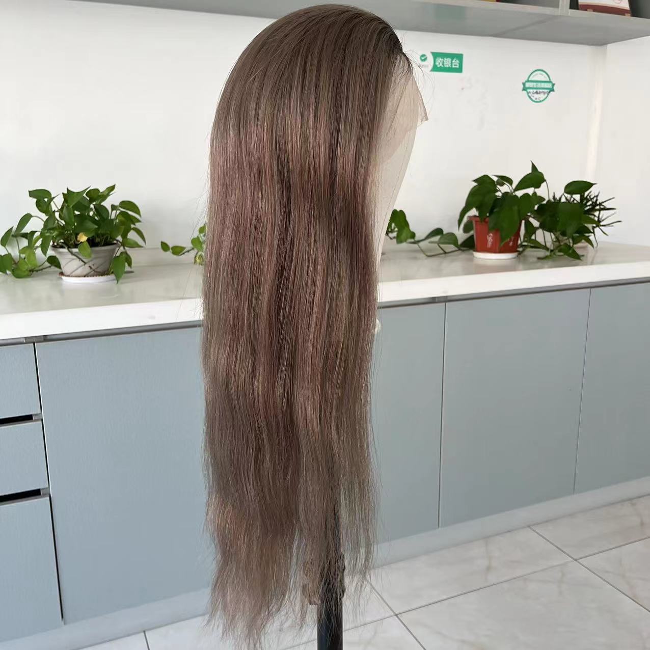 22 inches silk top HD full lace wig Rooted ash brown color European hair wig