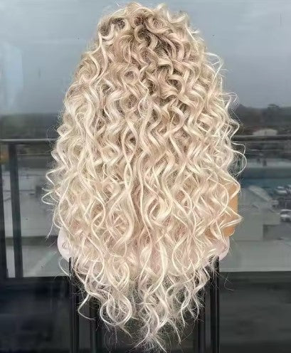 AMBER Glueless Platinum Dark Roots Curly HD lace front European hair wig
