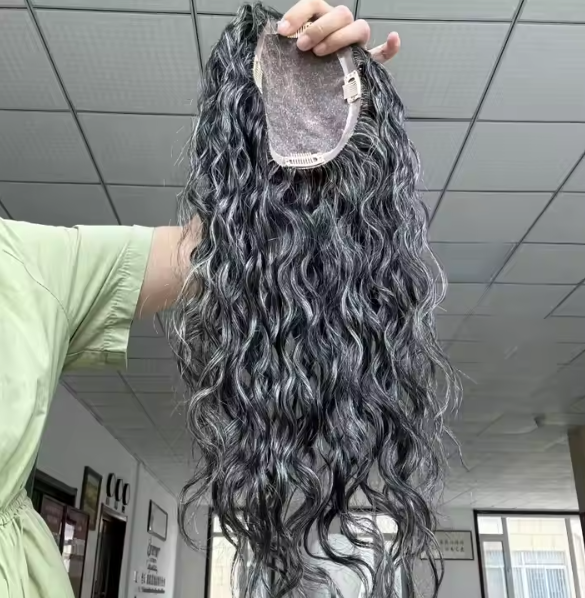 Sandy Curly Hair Topper Dark Salt and Pepper Grade 12A 100%Virgin European Remy Hair