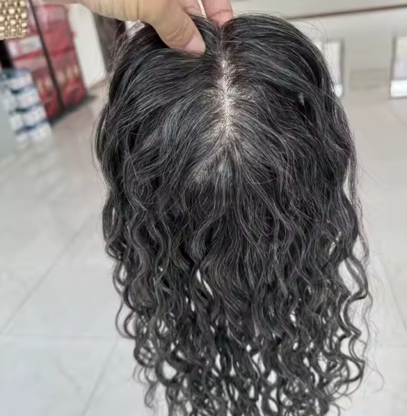 Sandy Curly Hair Topper Dark Salt and Pepper Grade 12A 100%Virgin European Remy Hair