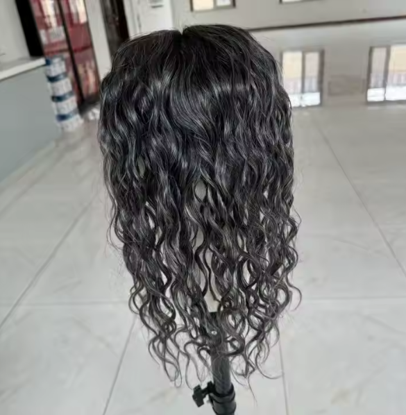 Sandy Curly Hair Topper Dark Salt and Pepper Grade 12A 100%Virgin European Remy Hair