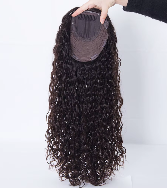 Belinda 24 Inch Natural Brown Curly Silk Top Topper 100% European Virgin Human Hair Toppers