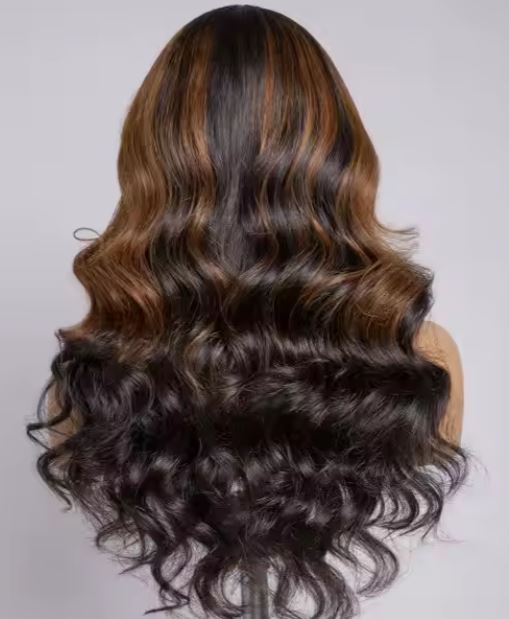 SOLANGE Brown & Black Tones Loose Waves, Glueless 5x5 Closure & C Part Design With Bangs