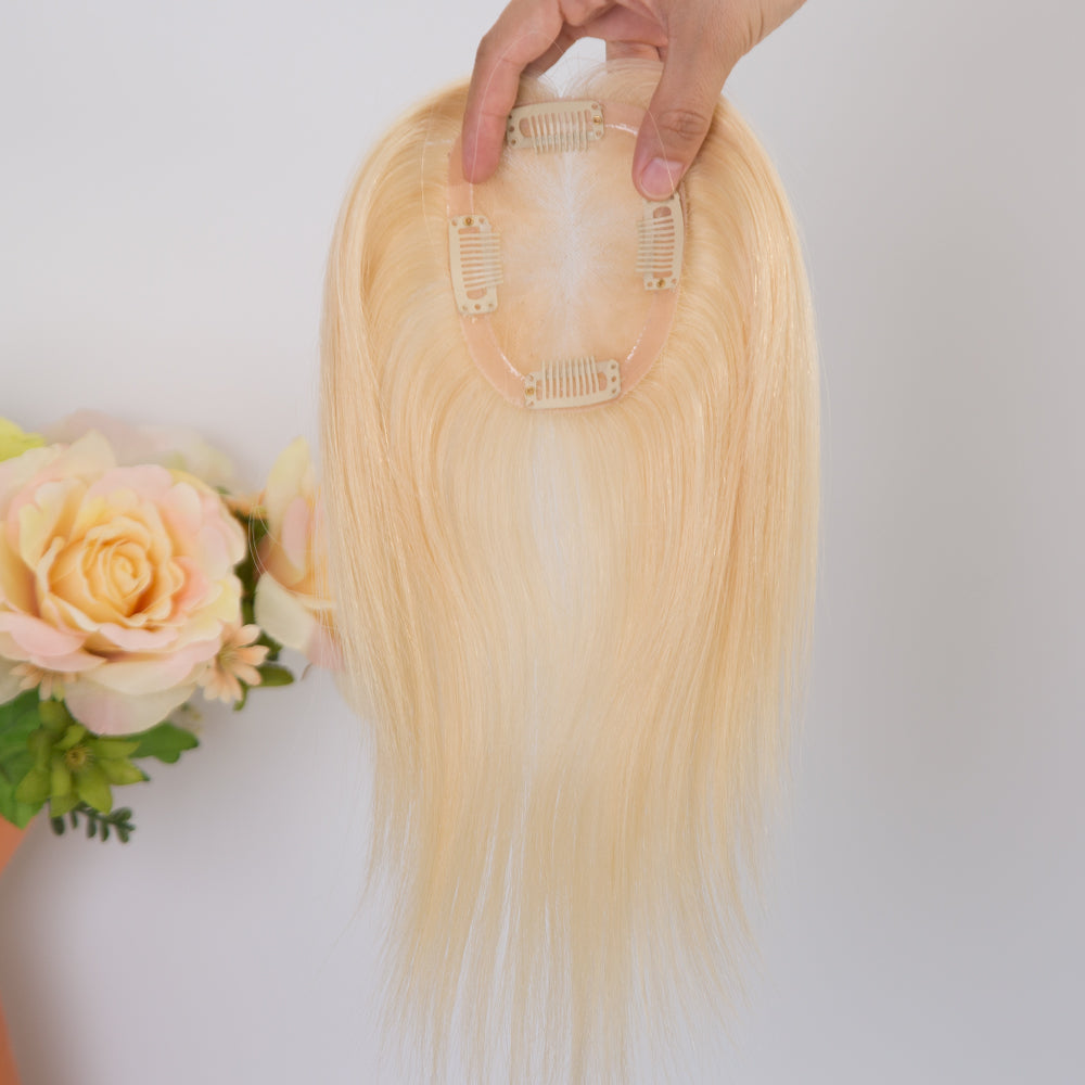 blonde color short hair topper with clips European virgin hair 8-10 inch