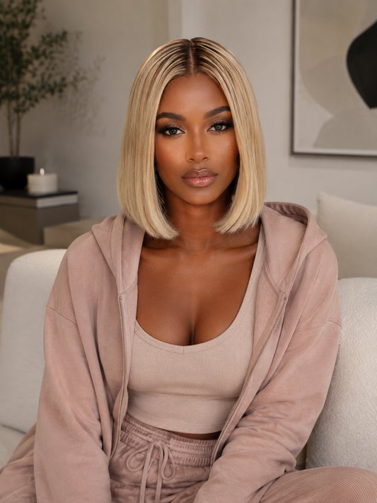 CLARA 613 Blonde Blunt Cut Bob 100% Hand-Tied Full Lace Wig with Dark Roots