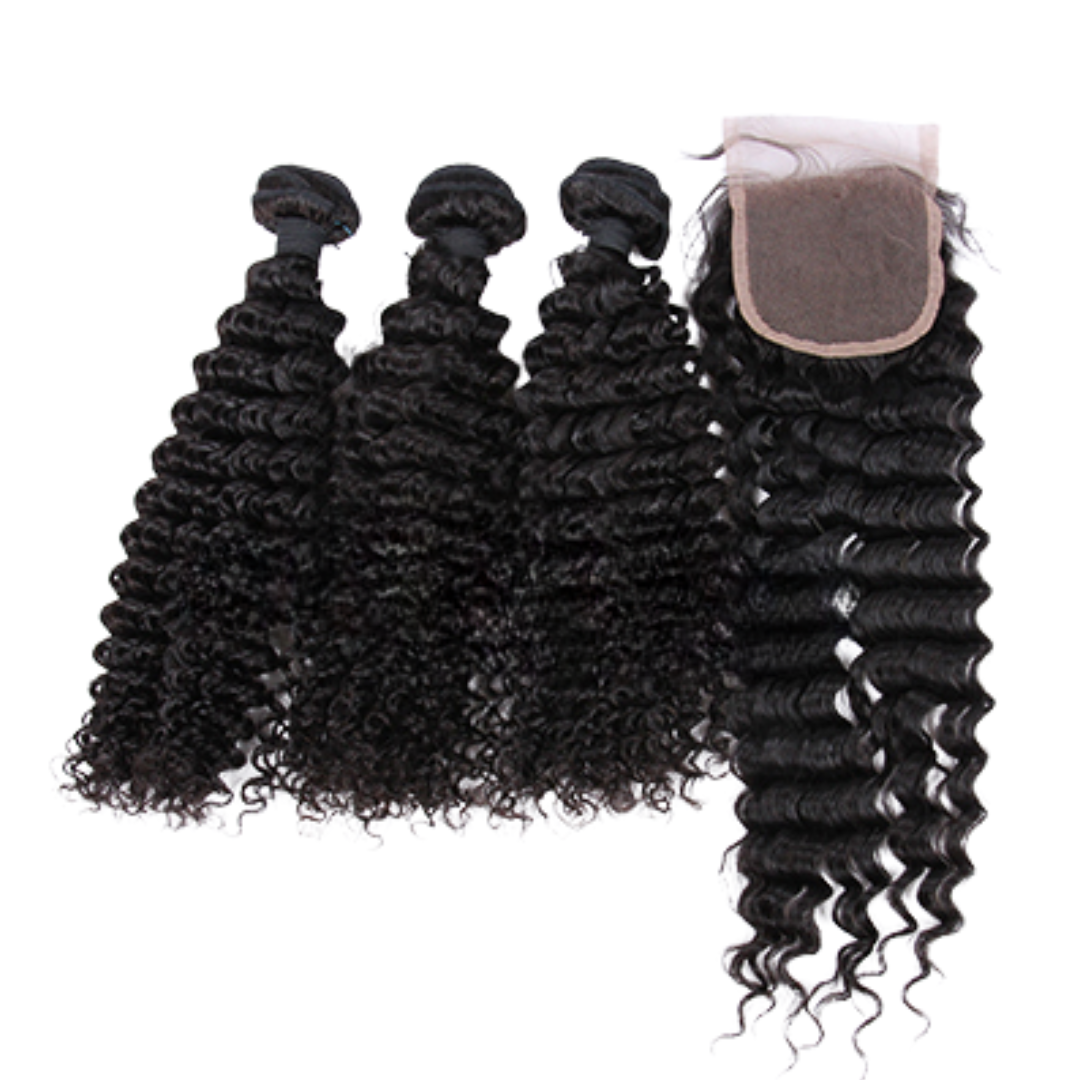 Indian Virgin Human Hair Deep Wave A Lace Closure With 3 Bundles Deal