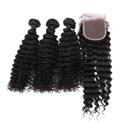 Indian Virgin Human Hair Deep Wave A Lace Closure With 3 Bundles Deal