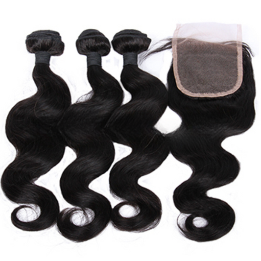 Indian Virgin Human Hair Body Wave A Lace Closure With 3 Bundles Deal