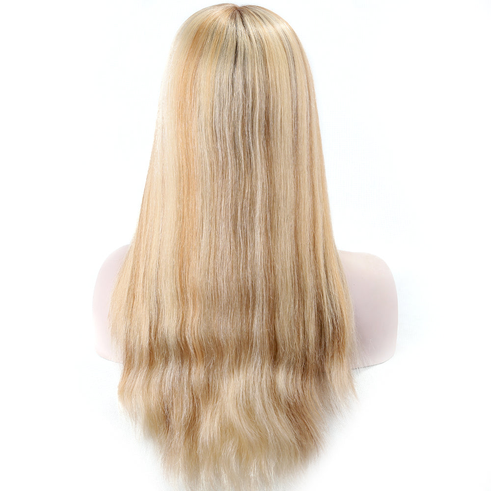 super double drawn european human hair 60 density balayage blonde brown color Invisible knots glueless silk base full lace wig