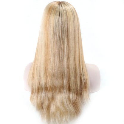 super double drawn european human hair 60 density balayage blonde brown color Invisible knots glueless silk base full lace wig