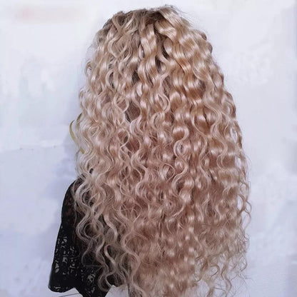 Trina White Blonde with Soft Dark Roots Curly 100% European Virgin Remy Grade 12A Hair Lace Frontal Wig f