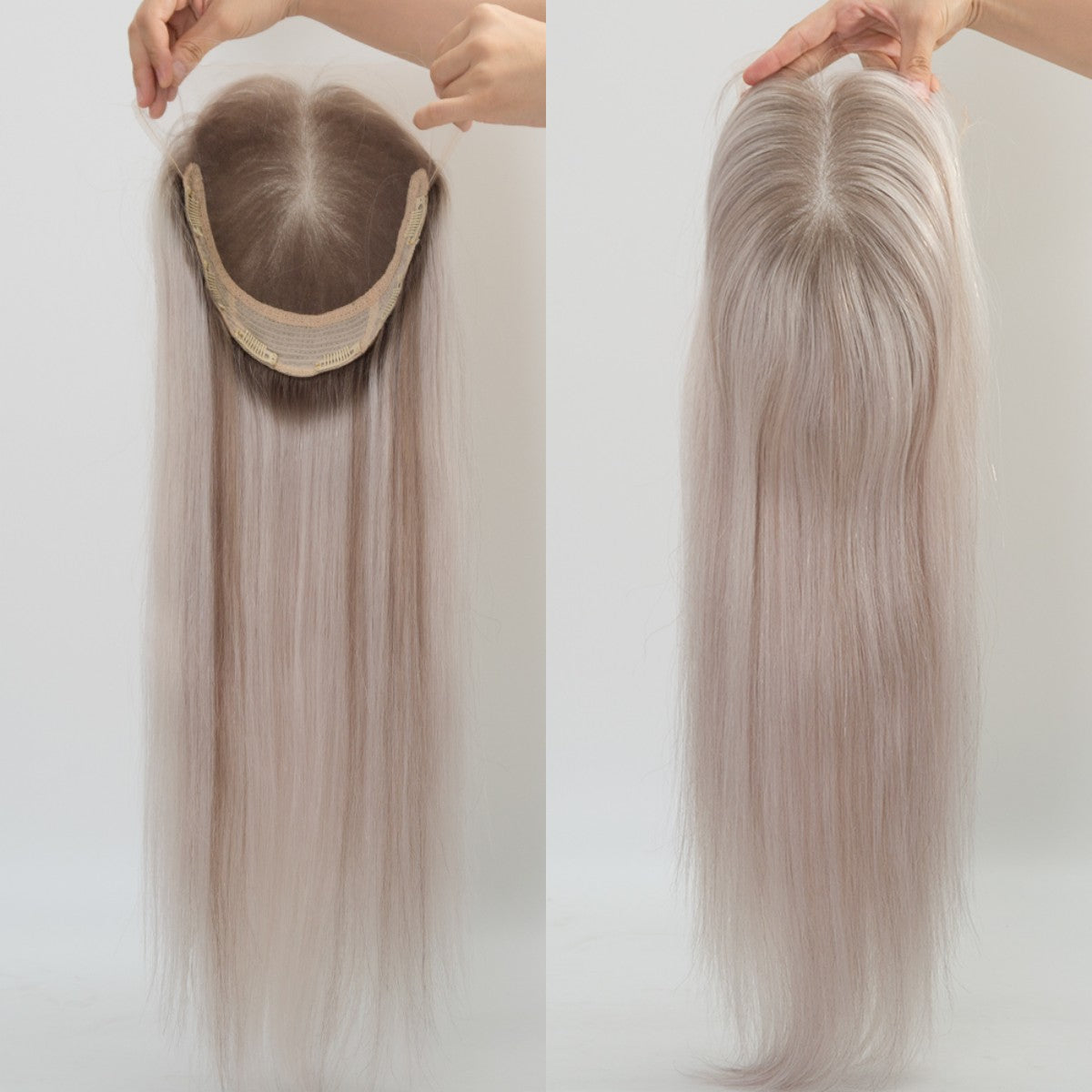 Rooted white blonde balayage color European virgin human hair single knots HD lace toppers for women