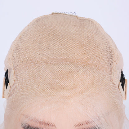 Trina White Blonde with Soft Dark Roots Curly 100% European Virgin Remy Grade 12A Hair Lace Frontal Wig f