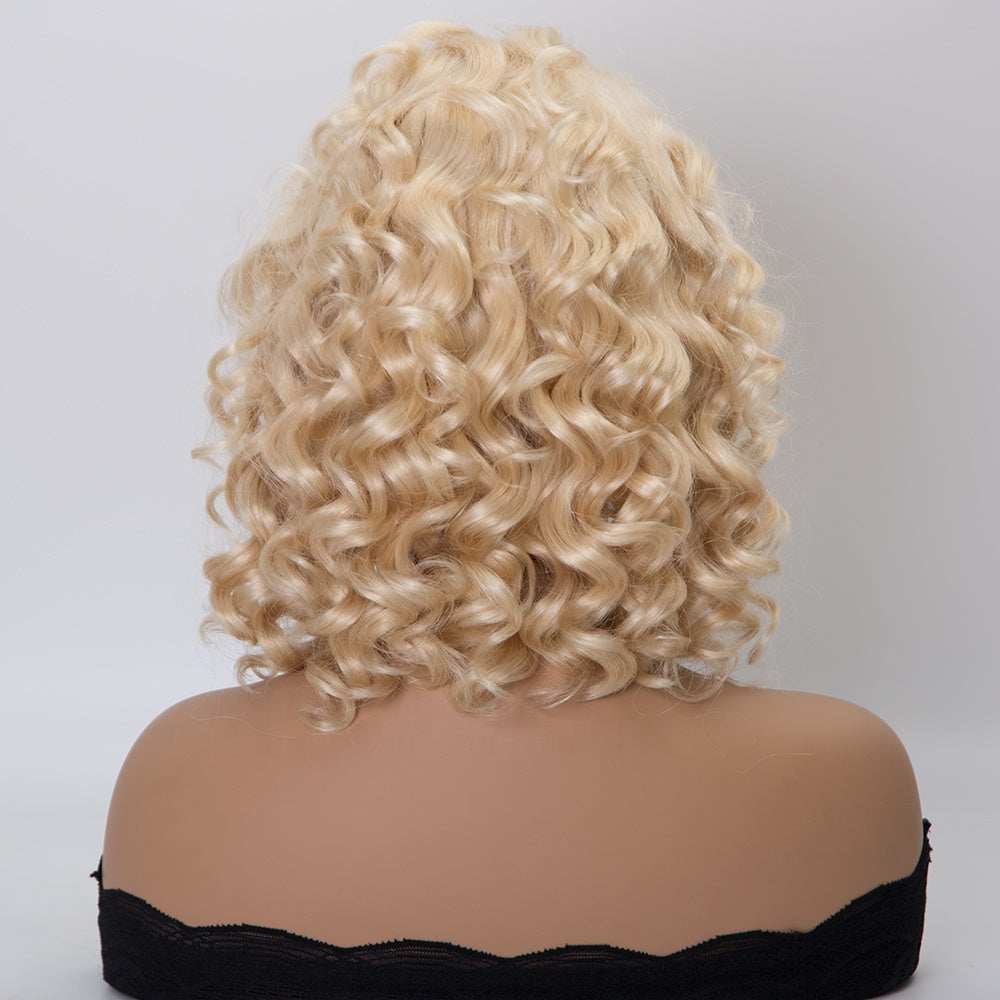 DOLLY European hair short length blonde color curly hair lace front wig in stock