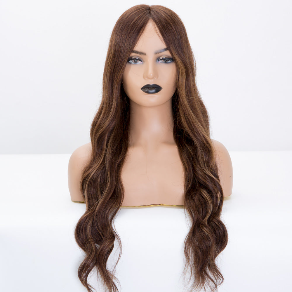 Long hair length mono front lace wig brown balayage color wave hair in stock