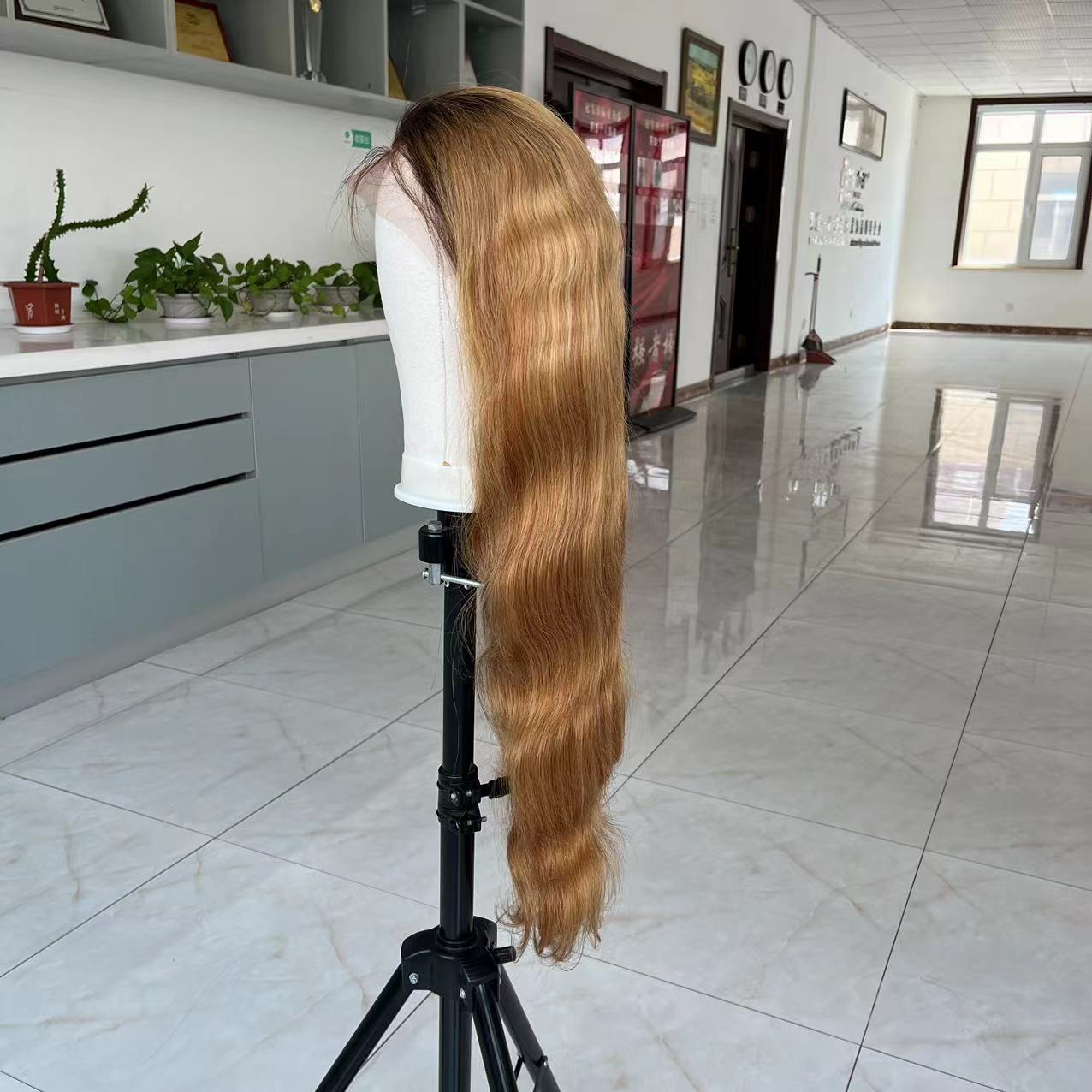 STACEY Rooted blonde #27 color wavy texture human remy hair lace front wig