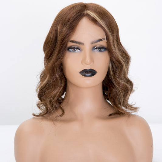 Short brown balayage color wave mono top lace wig