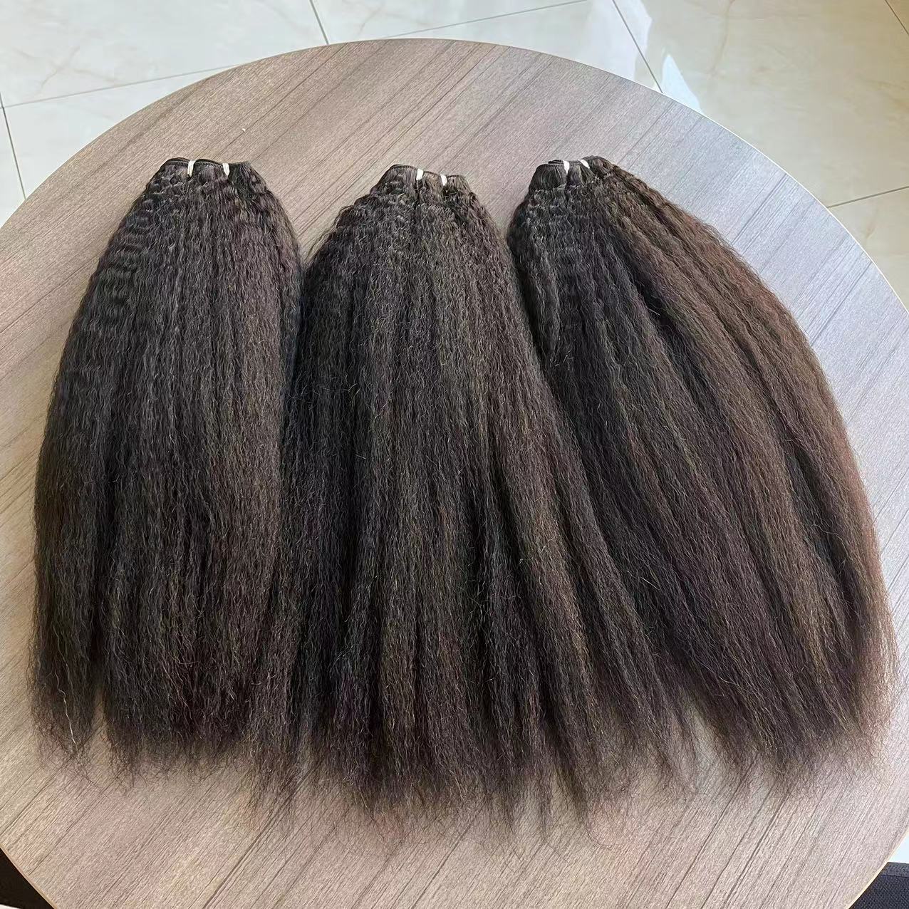 Natural black color weft kinky straight human remy hair bundles