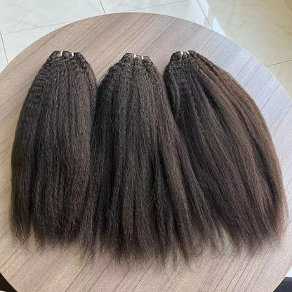 Natural black color weft kinky straight human remy hair bundles