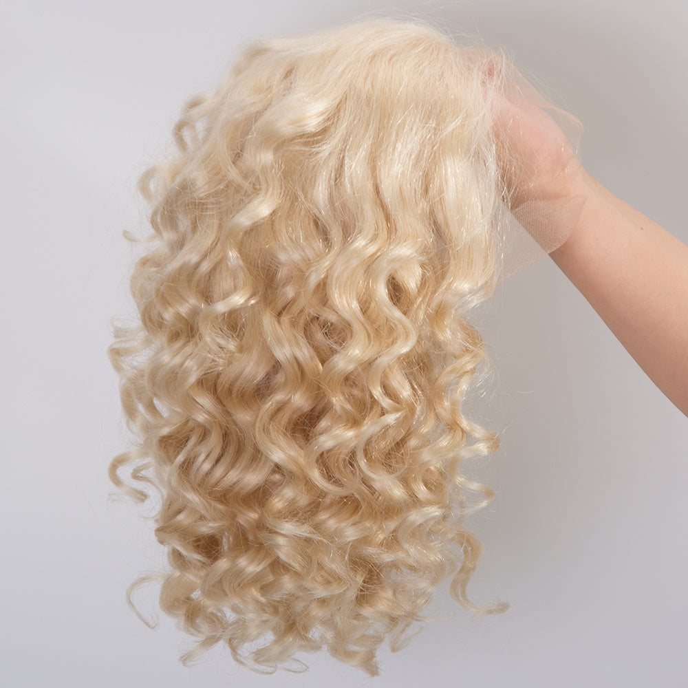 DOLLY European hair short length blonde color curly hair lace front wig in stock