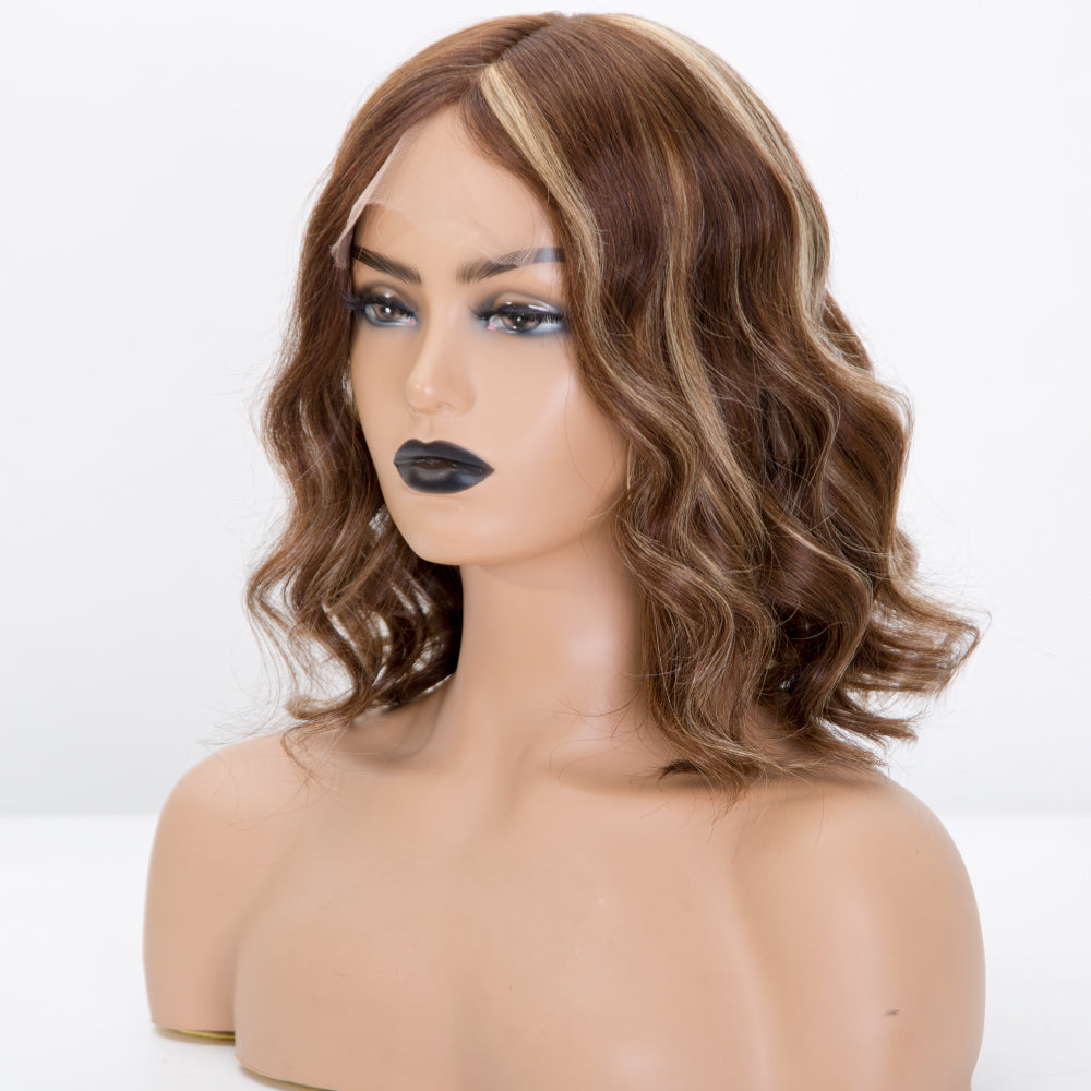 Short brown balayage color wave mono top lace wig