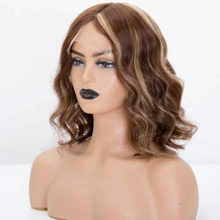 Short brown balayage color wave mono top lace wig