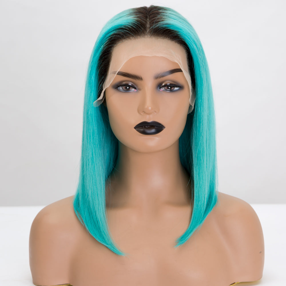 Premier Pre Plucked Hairline 13x4 Ombre Green Short Bob Lace Wigs Blue Green Ombre Human Hair Lace Front Wig