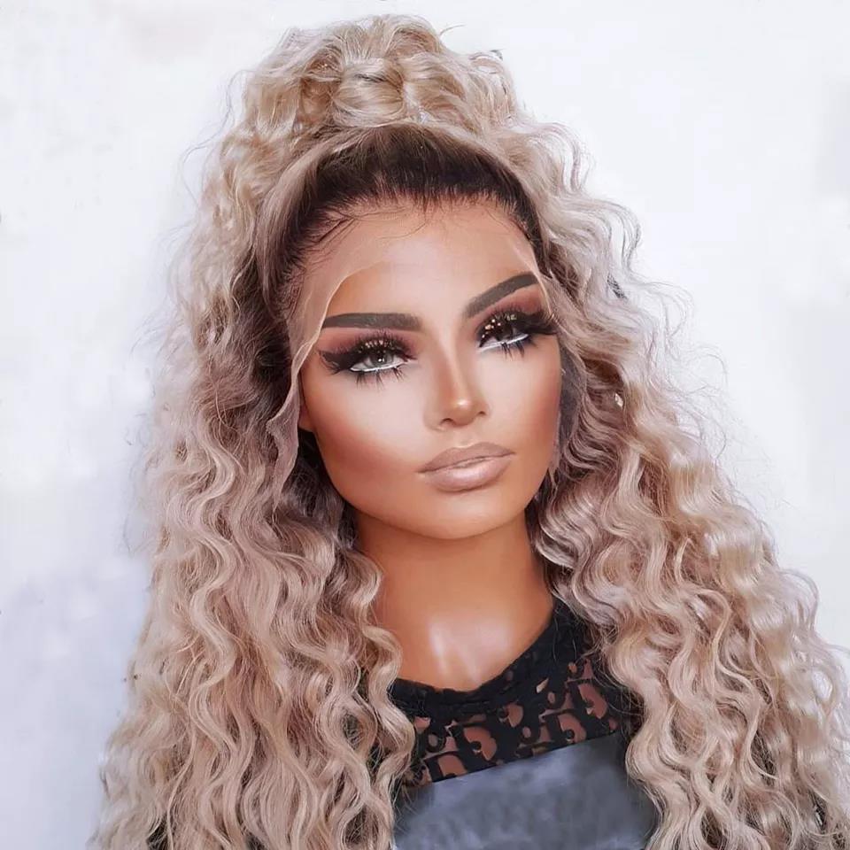 Trina White Blonde with Soft Dark Roots Curly 100% European Virgin Remy Grade 12A Hair Lace Frontal Wig f