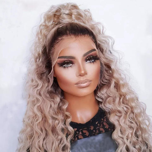 Trina White Blonde with Soft Dark Roots Curly 100% European Virgin Remy Grade 12A Hair Lace Frontal Wig f