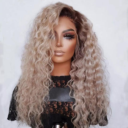 Trina White Blonde with Soft Dark Roots Curly 100% European Virgin Remy Grade 12A Hair Lace Frontal Wig f