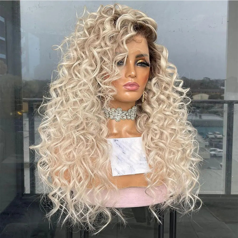 AMBER Glueless  Platinum Dark Roots Curly HD lace front European hair wig