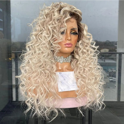 AMBER Glueless  Platinum Dark Roots Curly HD lace front European hair wig