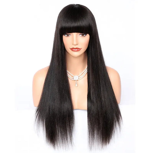 JADE Glueless  100% Brazilian Remy Long Yaki Straight With Bangs