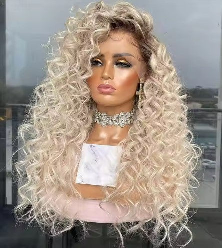 AMBER Glueless  Platinum Dark Roots Curly HD lace front European hair wig