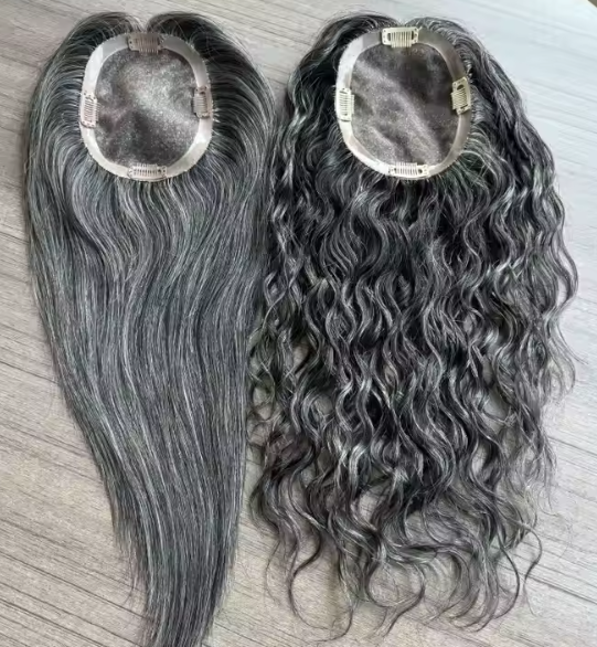 Sandy Curly Hair Topper Dark Salt and Pepper Grade 12A 100%Virgin European  Remy Hair