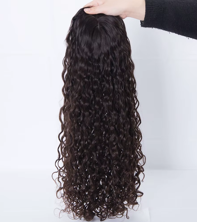 Belinda 24 Inch Natural Brown Curly Silk Top Topper 100% European Virgin Human Hair Toppers