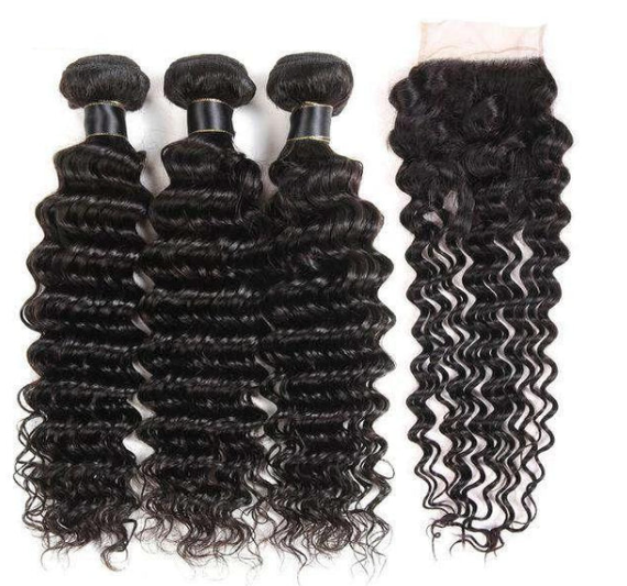 Indian Virgin Human Hair Deep Wave A Lace Closure With 3 Bundles Deal