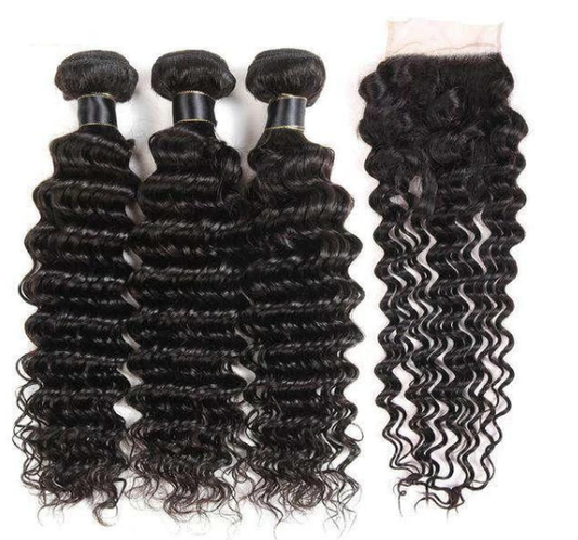 Indian Virgin Human Hair Deep Wave A Lace Closure With 3 Bundles Deal