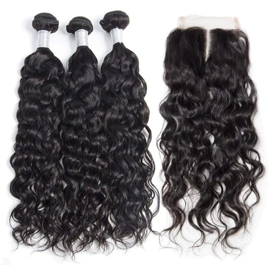 Indian Virgin Human Hair Water Wave A Lace Closure With 3 Bundles Deal