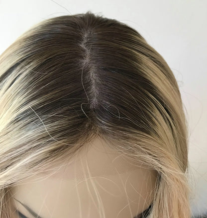 Silk Top Invisible Knots Brazilian Virgin Hair Brown Roots Blonde 360 Lace Front Wig